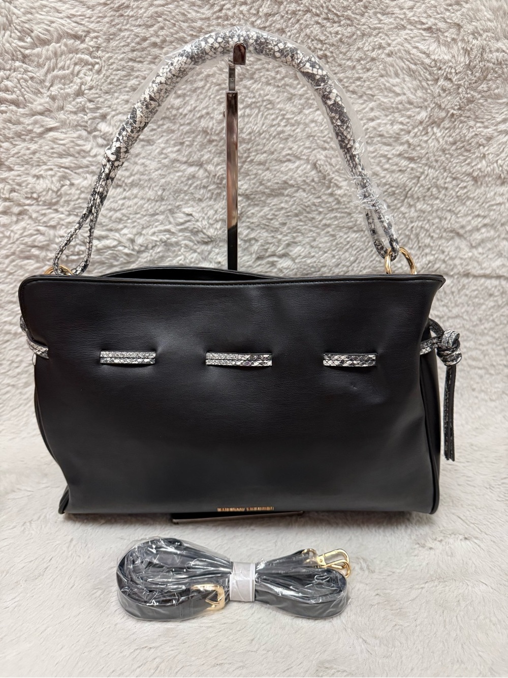 Badgley Mischka Black Tote with Snakeskin-Trim Handles